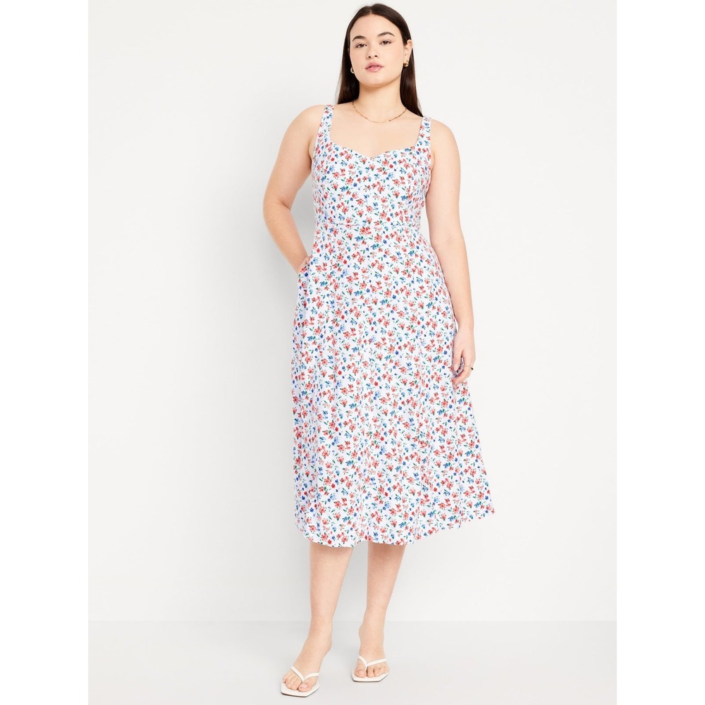 Floral Romantic Linen Notched sweetheart Neckline Smocked Back Dress w pockets - Picture 8 of 10